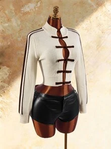 Amplova New Chinese Style Frog Button Knit Sweatshirt, Avant-Garde Sexy, Suitable For Autumn/Winter Outfits, Waist-Cinching Cropped Slim Fit, Contrast Color Placket, Suitable For Party And New Year Outfits - Apricot - View 5