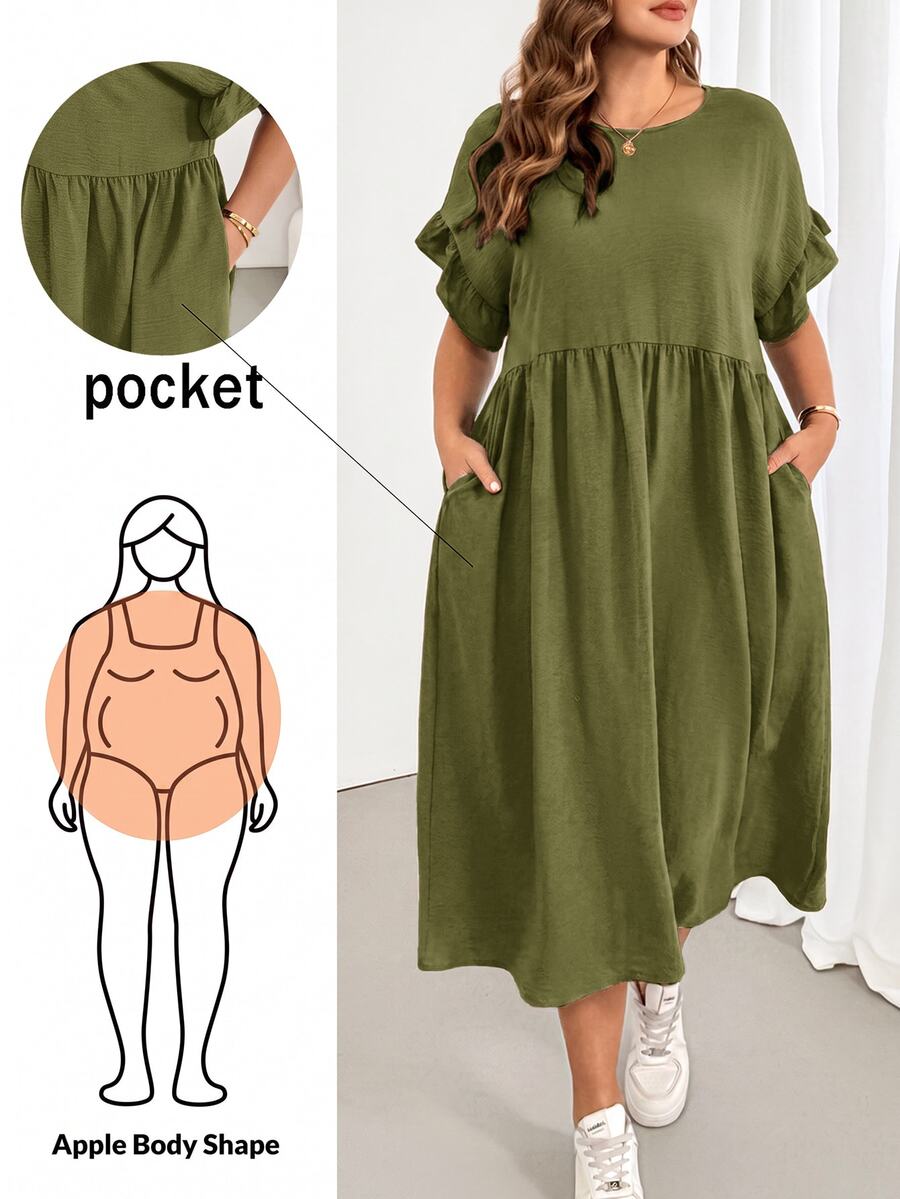 Shapeblank Plus Size Simple Versatile Pleated Pocket Dress - Olive Green - View 1