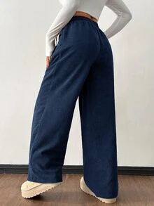 SHEIN PETITE Women's Autumn And Winter Street Fashion Casual Retro Corduroy Textured Pants - Navy Blue - View 2