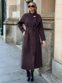 Aloruh معطف أنيق للنساء بلون موحد وأكمام راجلان طويلة مع زر معدني واحد، ملابس خريفية وملابس شتوية للنساء - قهوة بني - مشاهدة 5