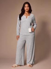 Lazeform Ultra Soft Ribbed Half-Open Collar Plus Size Women's Pajama Set Casual Loungewear - Light Grey - View 5