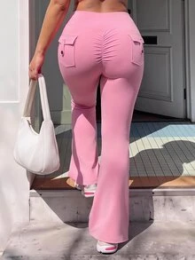 SHEIN Sovereign Charm Women's Plus Size Pocket Flare Leggings - Pink - View 5