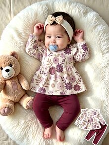 SHEIN Playful Pals 新生兒復古溫柔紫色花卉嬰兒套裝 | 荷葉袖荷葉邊上衣 + 修身長褲，適合春秋季，時尚休閒女嬰套裝，2件套 - 彩色 - 查看 1