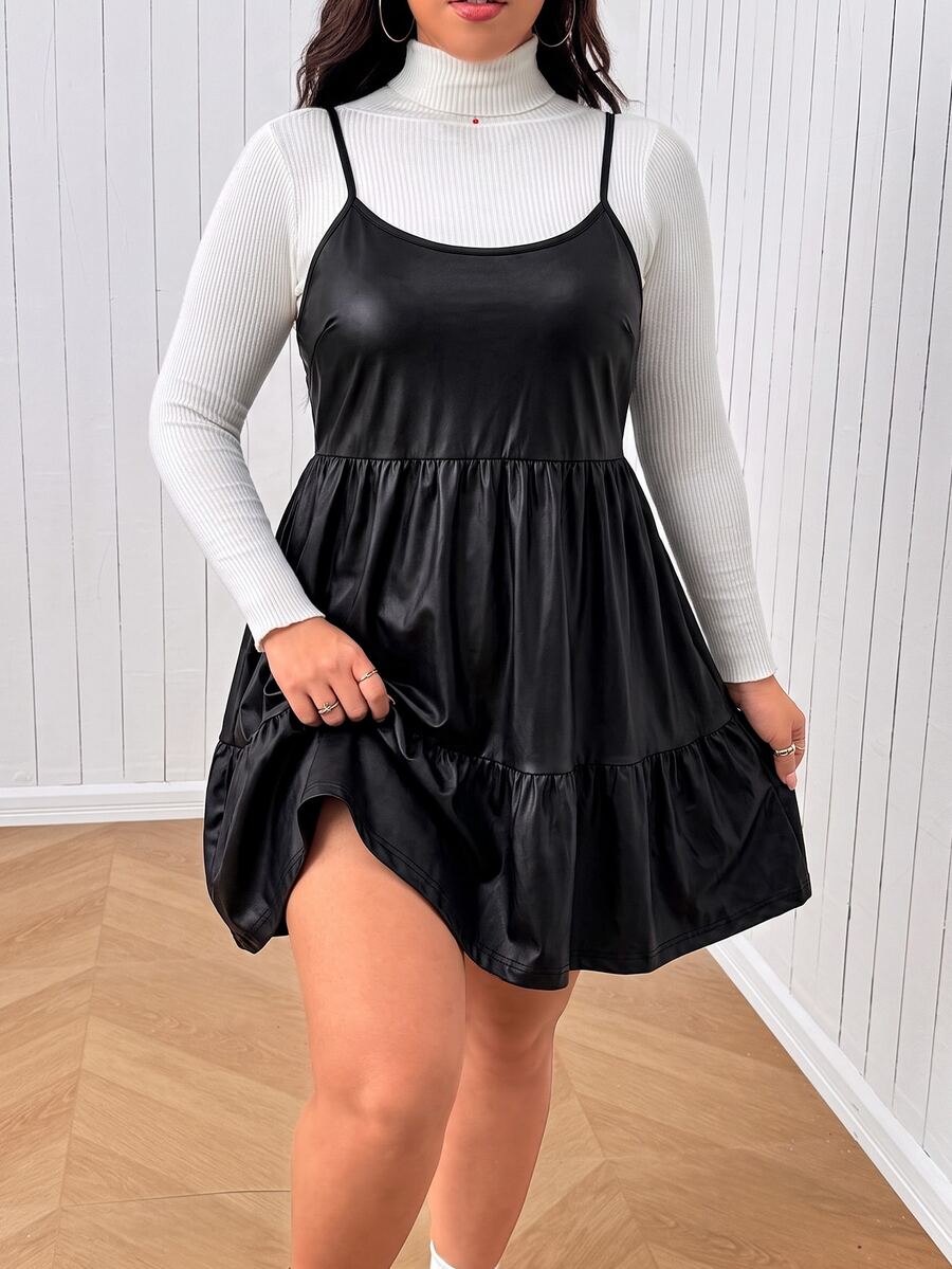 SHEIN EZwear Plus Size Women's Solid Color PU Leather Ruffle Hem Cami Dress - Black - View 1