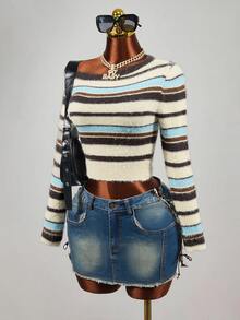 Mistrie Y2K Asymmetrical Shoulder Colorblock Striped Fuzzy Cropped Long Sleeve Knit Sweater - Blue - View 3