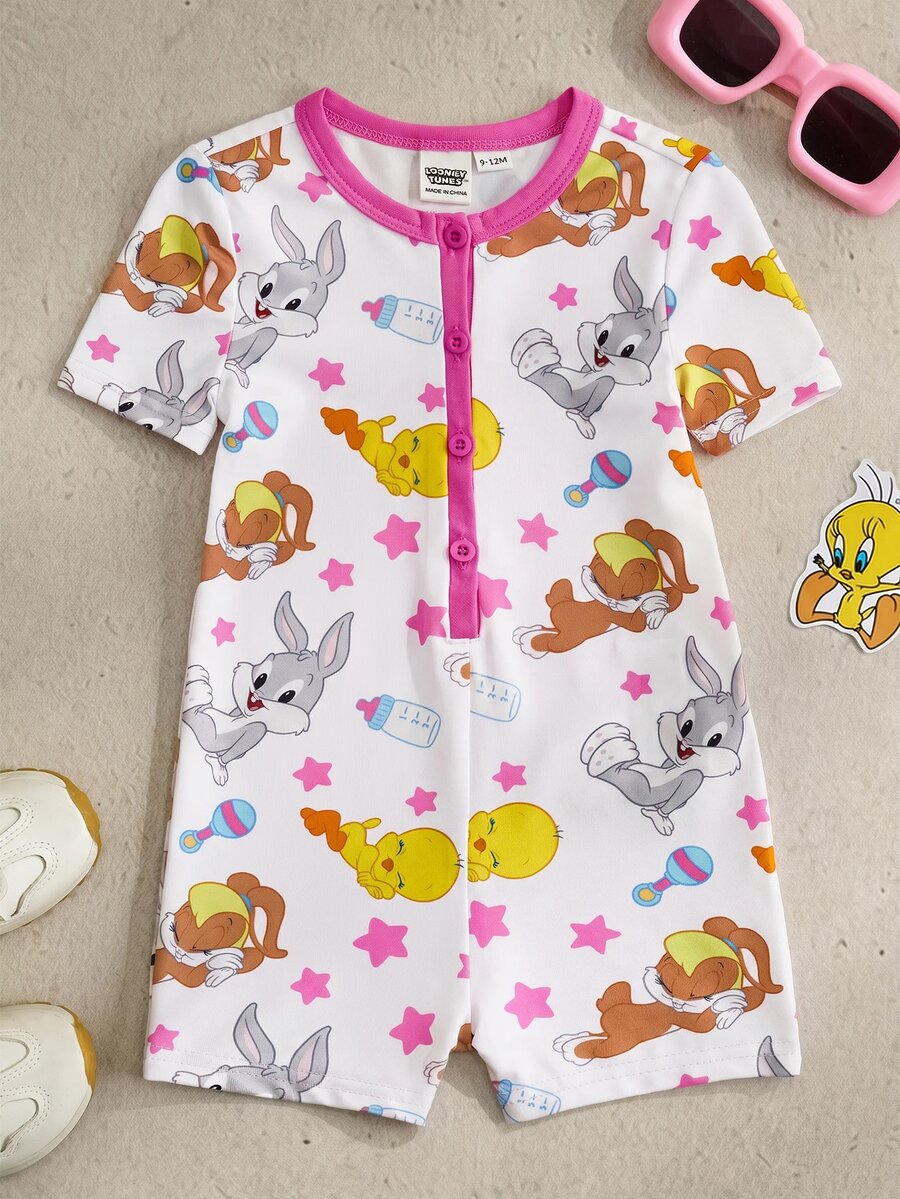 LOONEY TUNES X SHEIN 女嬰卡通印花休閒日常居家連身衣 - 淺粉色 - 查看 1