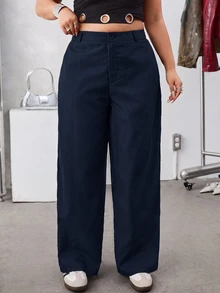 SHEIN EZwear 海軍藍純色斜口袋休閒基礎大尺碼西裝長褲，秋冬款 - 藏蓝色 - 查看 1