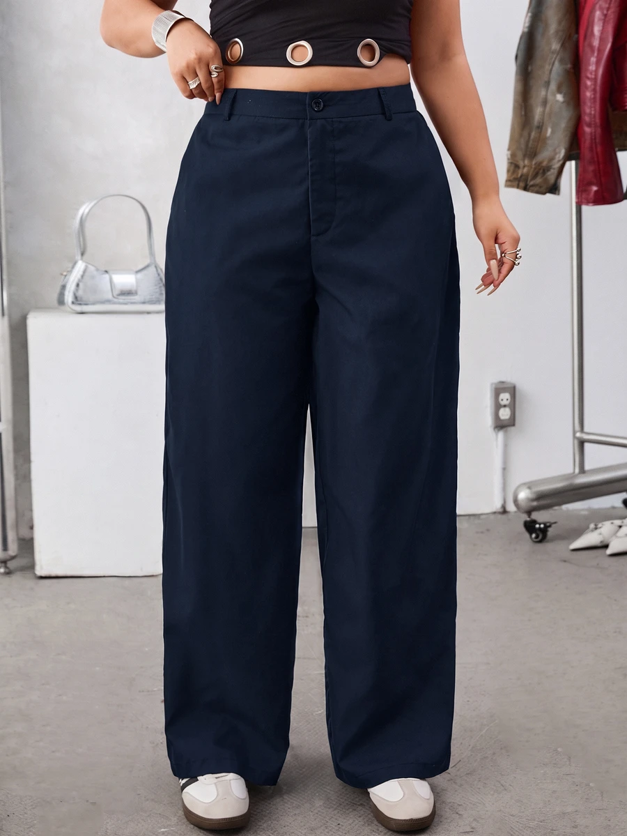 SHEIN EZwear 海軍藍純色斜口袋休閒基礎大尺碼西裝長褲,秋冬款 - 藏蓝色 - 查看 1