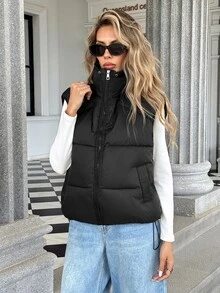 Aveloria Modichic Women Stand Collar Drawstring Quilted Vest Zip Up Sleeveless Side Pockets Simple Versatile Padded Waistcoat - Black - View 4