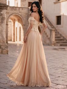 Coutiva Off-Shoulder Tassel Beaded Patchwork 2 In 1 Chiffon Maxi Dress Wedding Ball Event Party Prom Wedding Cream Winter Elegant Formal Glamour - Champagne - View 2