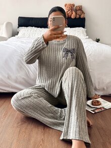 Napfluff CURVE Napfluff CURVE Plus Size Women's Fuzzy Ribbed Bow Embroidered Long Sleeve Pants Loungewear Set - Khaki - View 1