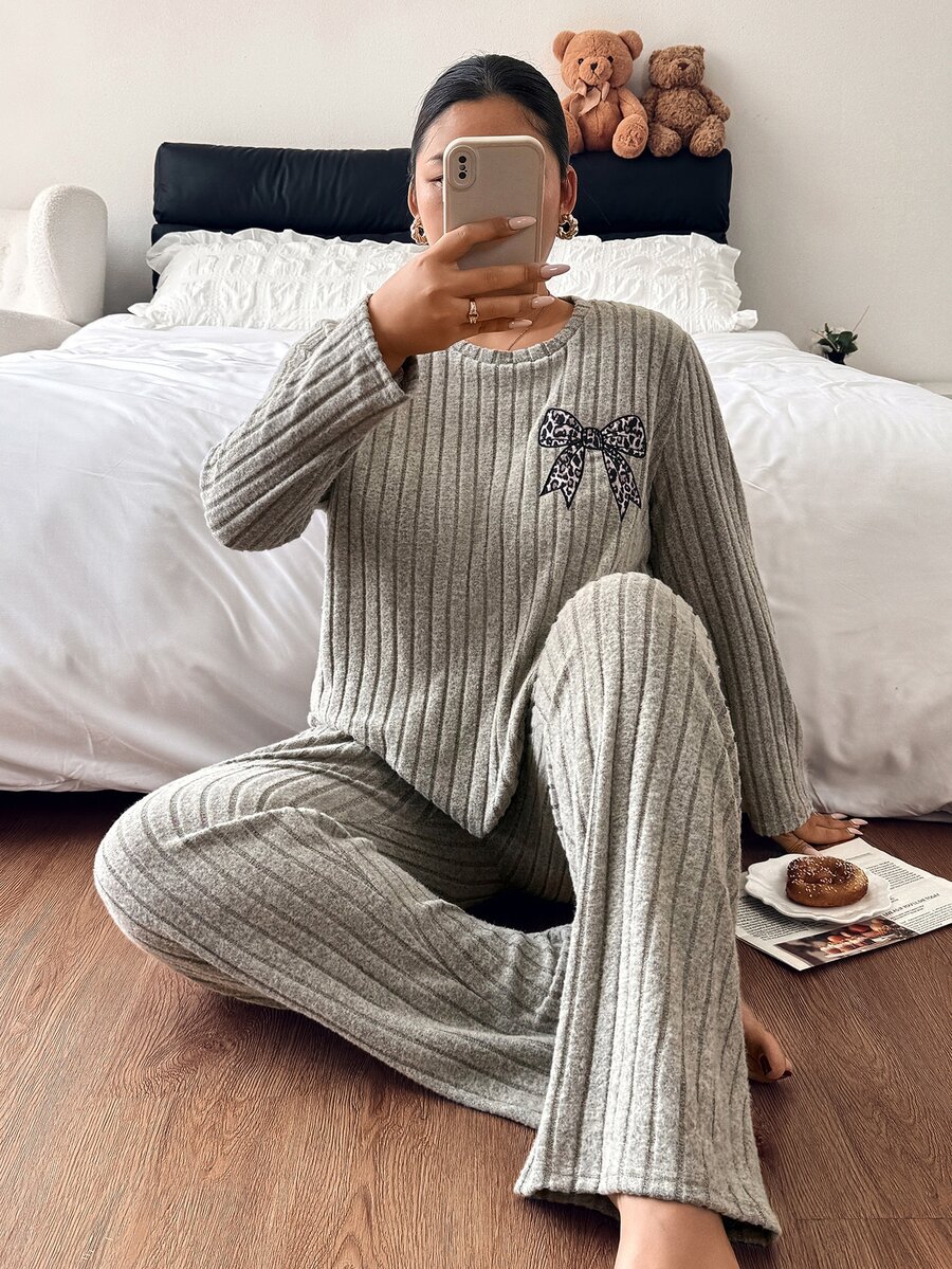 Napfluff CURVE Napfluff CURVE Plus Size Women's Fuzzy Ribbed Bow Embroidered Long Sleeve Pants Loungewear Set - Khaki - View 1
