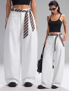 SHEIN EZwear 白色大尺碼女款寬腿寬鬆休閒西裝長褲 - 白色 - 查看 1