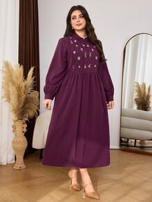 Lacomfia Embroidered Striped Random Pattern Dark Red Plus Size Dress, Elegant Fashionable Elegant Loose Long Length Long Sleeve Woven Non-Stretch - Burgundy - View 4