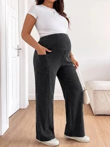Plussiva بنطلون واسع الساق للحوامل بمقاس كبير مع حزام خصر قابل للتعديل وتصميم جيوب لفصل الخريف - الأسود - مشاهدة 8