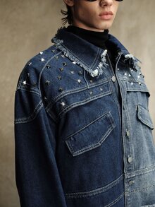 ROMWE MEN Street Life Men's Contrast Color Washed Short Denim Jacket, Distressed Frayed Hem With Rivet Decor, Turned-Up Collar, Y2K Punk Gothic Street Style Hip Hop Rock Loose Fit Short Denim Top, Suitable For Casual Daily Wear, Nightclub, Street Fashion - Blue - View 9