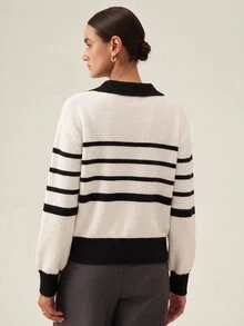 SHEIN Orluneo Black And White Color Block Metal Button V-Neck Knit Cardigan - Black and White - View 2