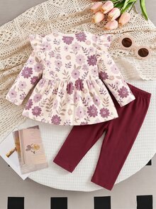 SHEIN Playful Pals 新生兒復古溫柔紫色花卉嬰兒套裝 | 荷葉袖荷葉邊上衣 + 修身長褲，適合春秋季，時尚休閒女嬰套裝，2件套 - 彩色 - 查看 2