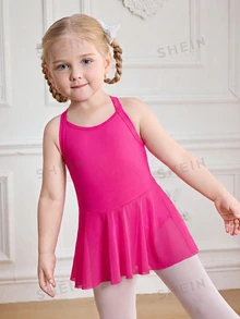 SHEIN 女童高彈力嬰兒紫色連身洋裝，後背網布拼接，適合瑜伽、舞蹈、體操，7歲生日秋季牛仔女孩風 - 紫色 - 查看 4