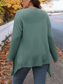 SHEIN LUNE 大尺碼冬季時尚不規則領設計長款針織開襟衫，適合外出與上班穿著 - 水鴨藍 - 查看 3