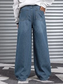 SHEIN Quần jean denim mặc thường ngày phong cách casual cho bé trai tuổi teen, có túi - Rửa trung bình - Xem 2