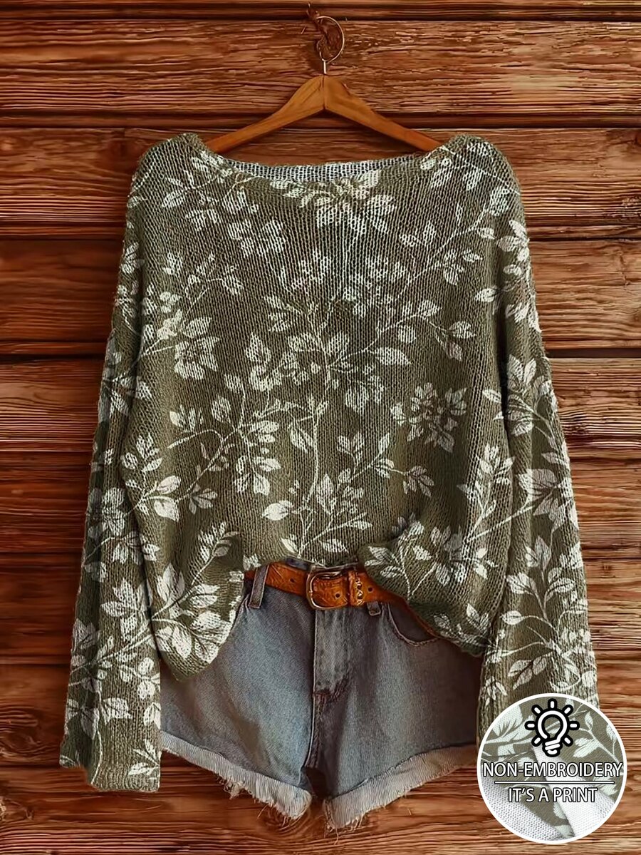 Linhara Plus Size Women's Casual Autumn/Winter Knit Top, Minimalist Versatile Vintage Style, Random Floral All-Over Print With Contrast Collar, Loose Fit, Suitable For Autumn/Winter Wear - Dark Grey - View 1