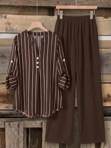 SHEIN CURVE+ Plus Size 22w Women's Summer Casual Striped Shirt And Solid Color Pants 2 Pieces Set - Multicolor - View 5