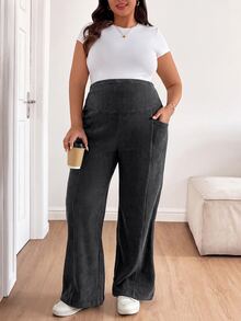 Plussiva بنطلون واسع الساق للحوامل بمقاس كبير مع حزام خصر قابل للتعديل وتصميم جيوب لفصل الخريف - الأسود - مشاهدة 5