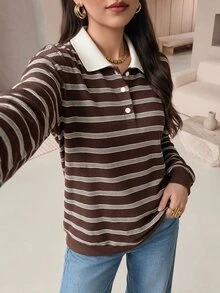 Mulvari Women's Colorblock Polo Collar Striped Long Sleeve Casual T-Shirt - Brown - View 5