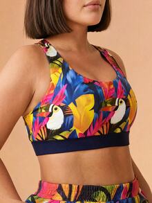 CAJUNI Plus-Size Tropical Toucan Print Sports Bra With Removable Pads - Multicolor - View 3