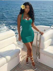 Slaydiva Women's Solid Color Casual Minimalist Party Halter Mini Dress - Mint Green - View 8