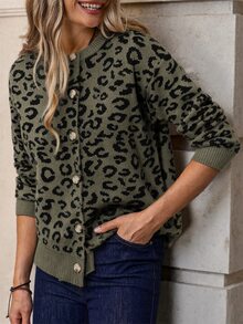 SHEIN Clasi 女款豹紋休閒百搭日常外出開襟衫 - 軍綠色 - 查看 8