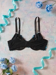 Elorette Embroidered Floral Blue & Black Contrast Color Non-Molded Cup Lightweight Underwire Lift-Up Romantic Pastoral Cup Detail Plus Size Bra & Wireless Bra - Black - View 5