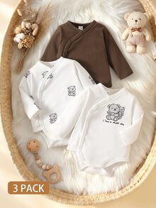 SHEIN 3件組新生兒和服連身衣 可愛白色棕熊印花 側開扣長袖V領 常規款 生日秋冬白色上衣 節日圖案 - 彩色 - 查看 2