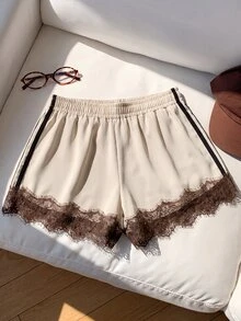 Comfortcana 女款側條紋對比色蕾絲下擺休閒短褲 - 杏色 - 查看 6