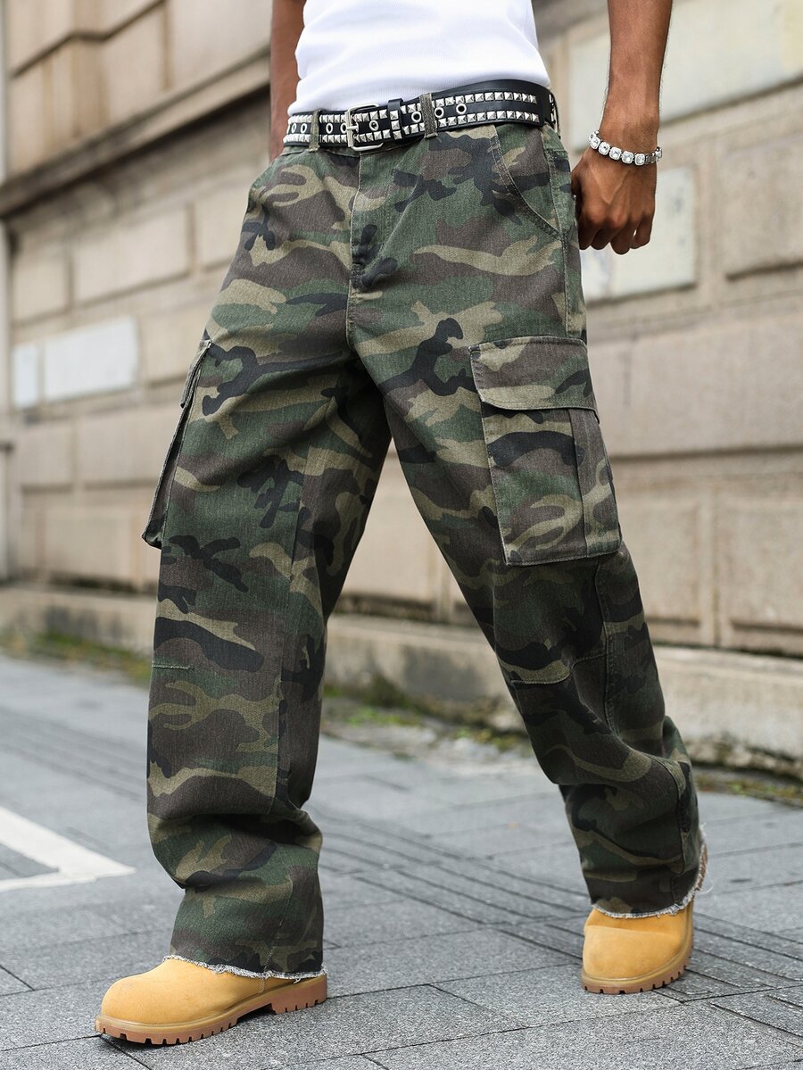 Manfinity EMRG Men's Camouflage Print Cargo Denim Wide Leg Pants - Army Green - View 1