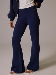 Musera Sport Logo Embroidered Drawstring Waist Knitted Fitted Flare Coord Sweatpant Winter Fall Autumn Active Pilates Motion - Navy Blue - View 2