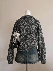 SHEIN EZwear 秋季新款復古做舊老錢風豹紋圖案灰色寬鬆半拉鍊高領薄款運動衫套頭衫，秋季上衣，適合日常通勤、聚會、秋冬/夏季、聖誕節、新年、感恩節、派對、婚禮、海灘、畢業典禮、優雅、出遊、約會、通勤、情人節、優雅、度假 - 灰色 - 查看 2