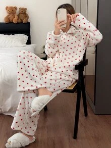 Napfluff Cute Polka Dot Women's Fuzzy Pajama Set, Autumn/Winter Loungewear - White - View 1
