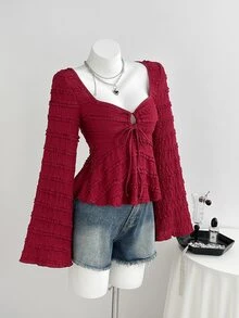 Elamini Autumn Sweet Cute Elegant Square Neck Pleated Drawstring Slim Fit Flared Long Sleeve T-Shirt - Burgundy - View 1