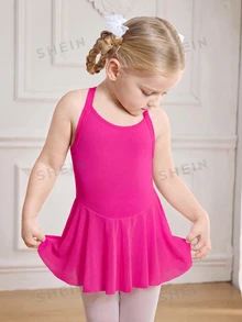 SHEIN 女童高彈力嬰兒紫色連身洋裝，後背網布拼接，適合瑜伽、舞蹈、體操，7歲生日秋季牛仔女孩風 - 紫色 - 查看 6