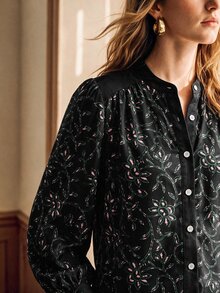 Écloséra Women's Long Sleeve Floral Print Patchwork Solid Color Loose Elegant Blouse For Date, Party And Commute - Black - View 3