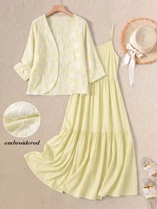 Rusticease Women's Embroidered Open Front Cardigan And Ruffle Hem Cami Dress Elegant Romantic 2 Pieces Set Tea Party Vacation White Floral Butter Yellow Autumn - Light Yellow - View 1