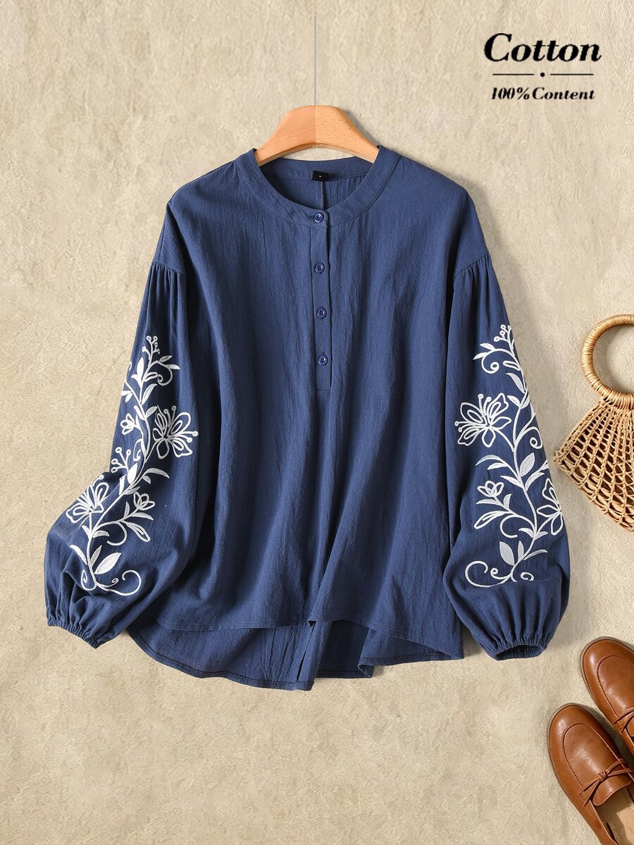 Rusticease Women's Floral Embroidered Lantern Sleeve Button Half-Placket Blouse - Navy Blue - View 1