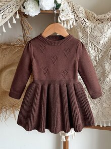 SHEIN Playful Pals Infant & Baby GirlHeart Jacquard Knit Sweater Dress - Coffee Brown - View 1