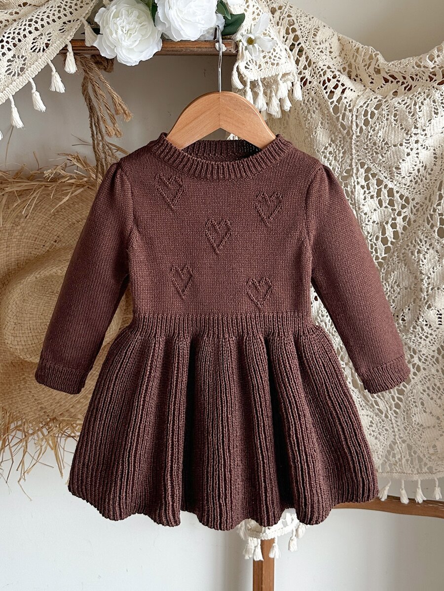 SHEIN Playful Pals Infant & Baby GirlHeart Jacquard Knit Sweater Dress - Coffee Brown - View 1