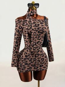Mistrie Sexy Vintage Leopard Print Off-Shoulder Long Sleeve Knit Bodycon Mini Dress With Matching Fabric Scarf - Khaki - View 8