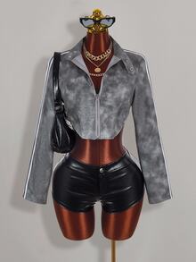 Amplova Autumn/Winter Fur Collar Patchwork PU Women's Jacket - Grey - View 6