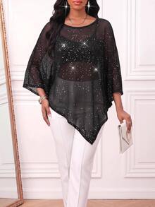 SHEIN Lady Women's Sequin Fashion Asymmetrical Hem Knit Top - Black - View 5