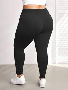 SHEIN CURVE+ 大尺碼側口袋運動瑜伽彈性修身緊身褲 - 黑色 - 查看 2